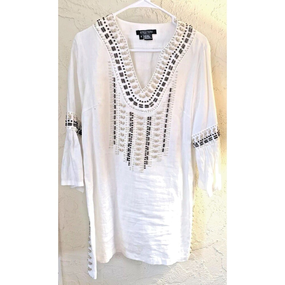 VTG Etcetera Top Womens Size 8M 100% LINEN Ivory BELL SLEEVE HIPPIE BEIGE BEADED
